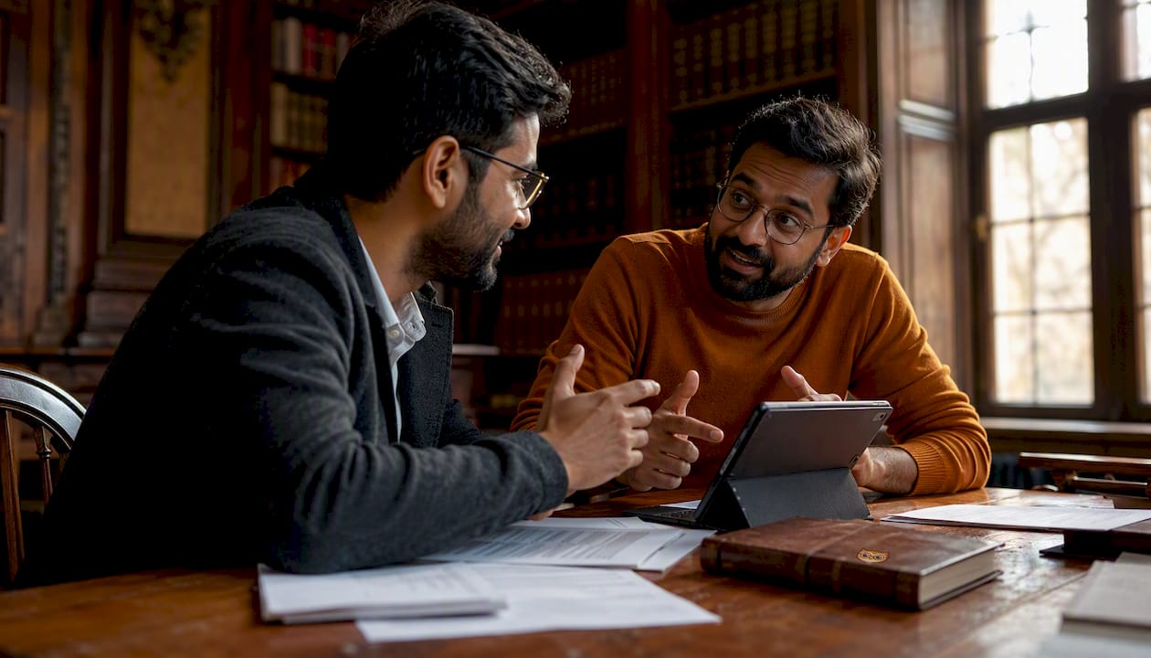 Two scholars discussing digital publishing platform