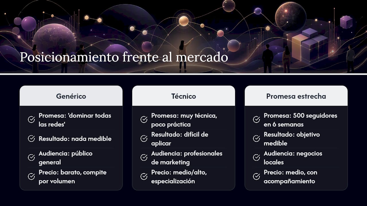 Tabla comparativa de cursos de redes sociales según lo que prometen y su precio