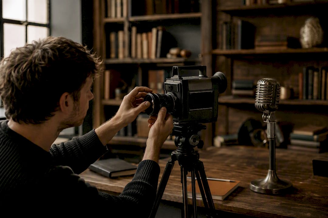 Hands adjusting vintage camera for tutorial video recording
