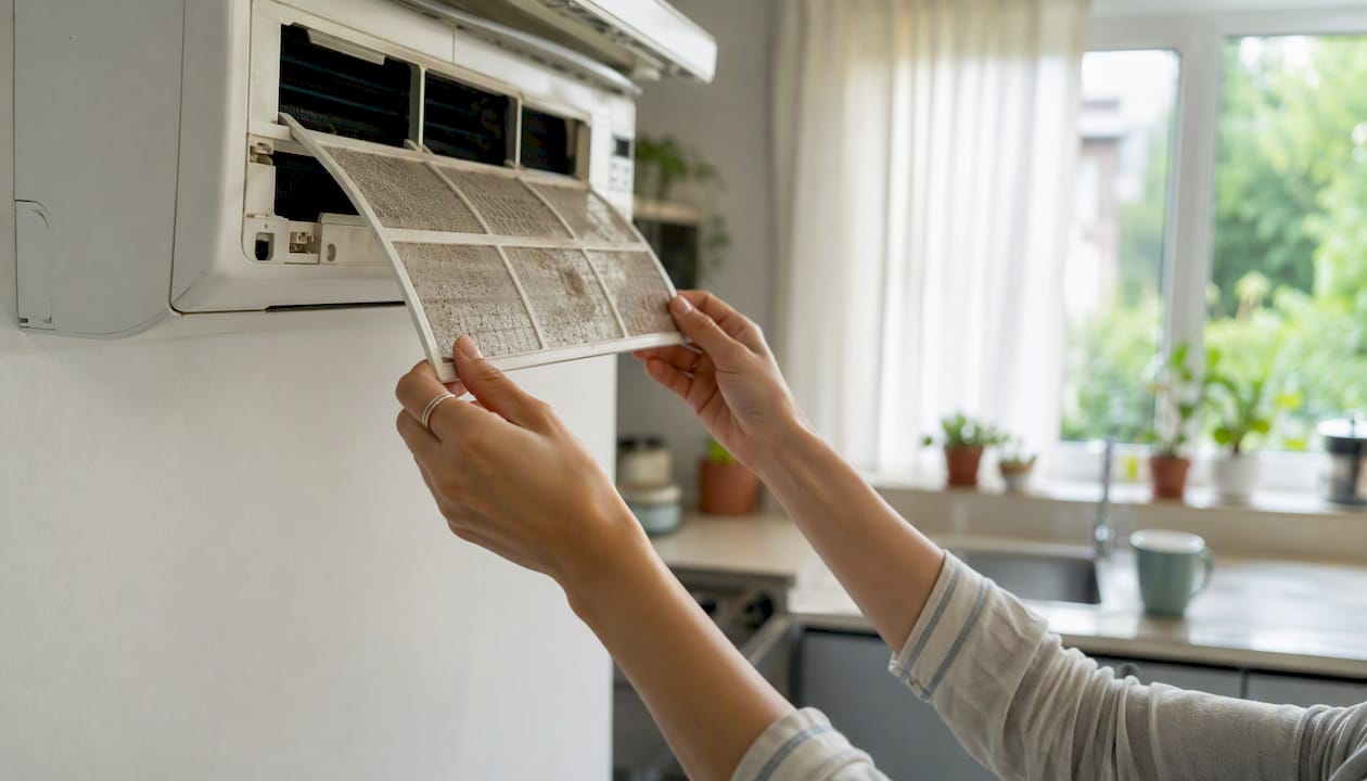 Hands replacing indoor AC filter
