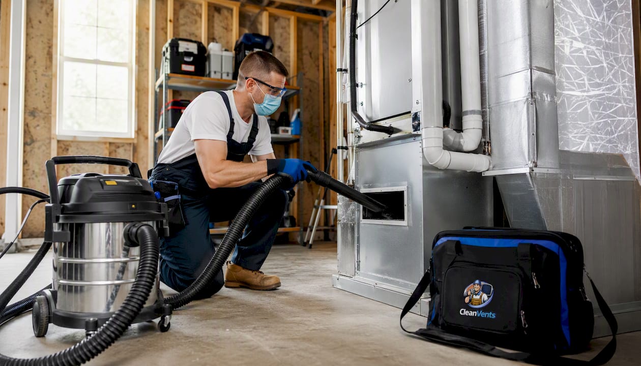 Technician vacuuming HVAC return vent debris