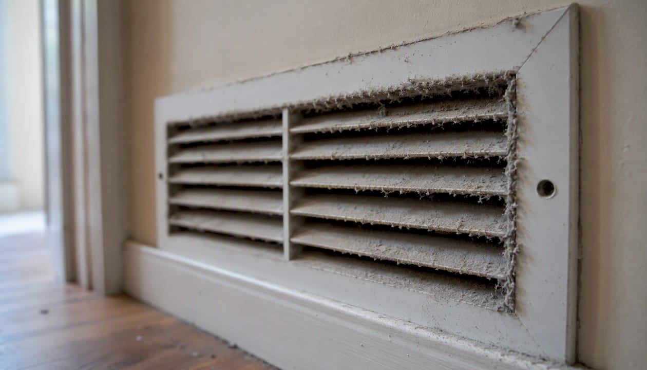 Dusty air duct grille after renovation
