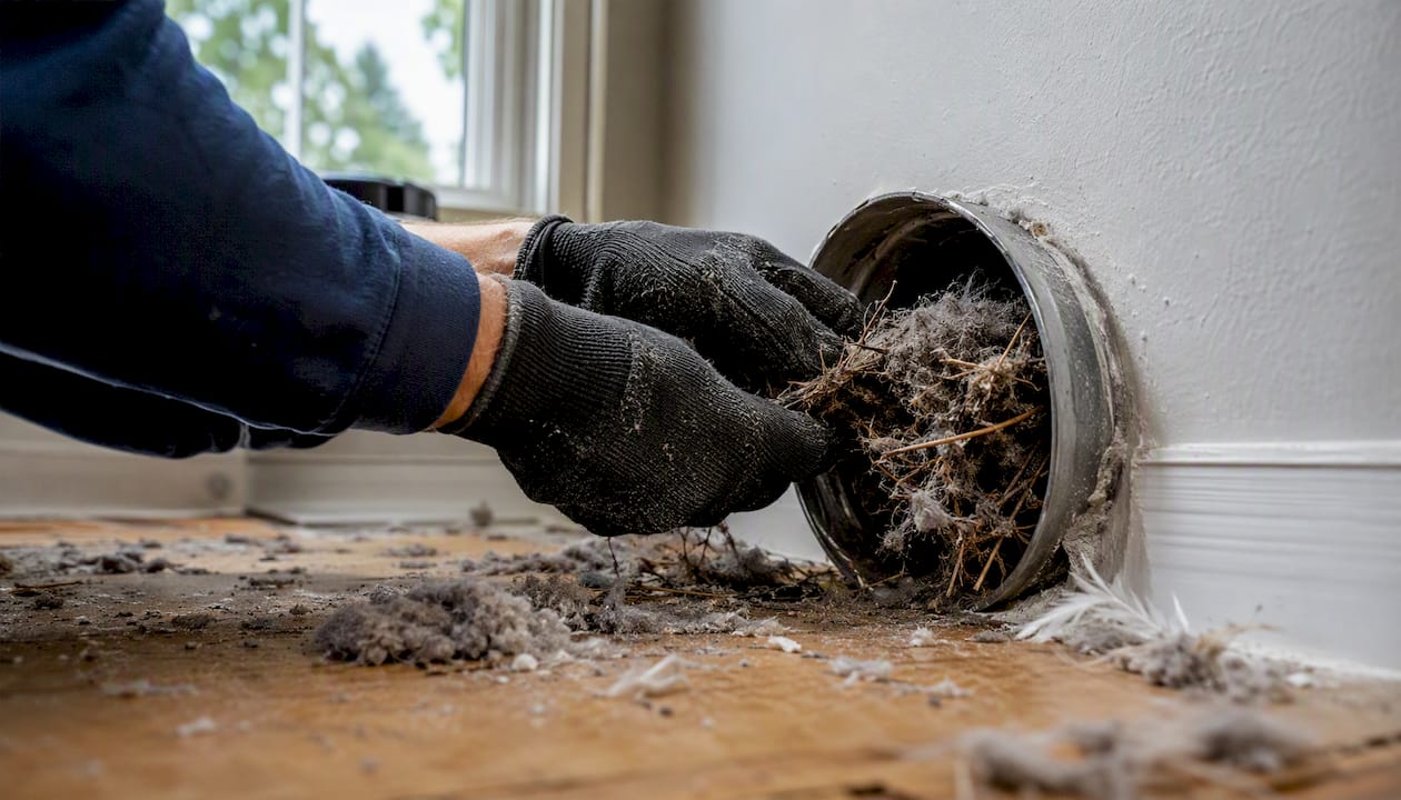 Hands removing bird nest debris from dryer vent
