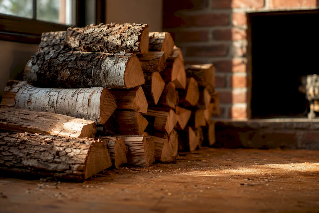 Different firewood types stacked near fireplace
