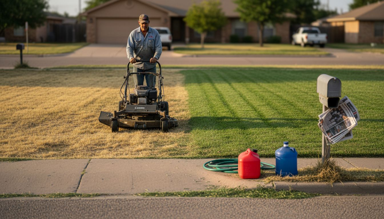 Landscaper mowing split healthy stressed lawn
