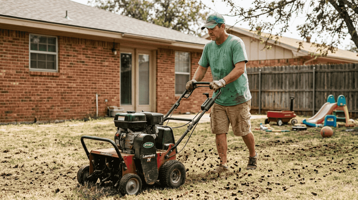 Worker aerating backyard lawn in Lubbock