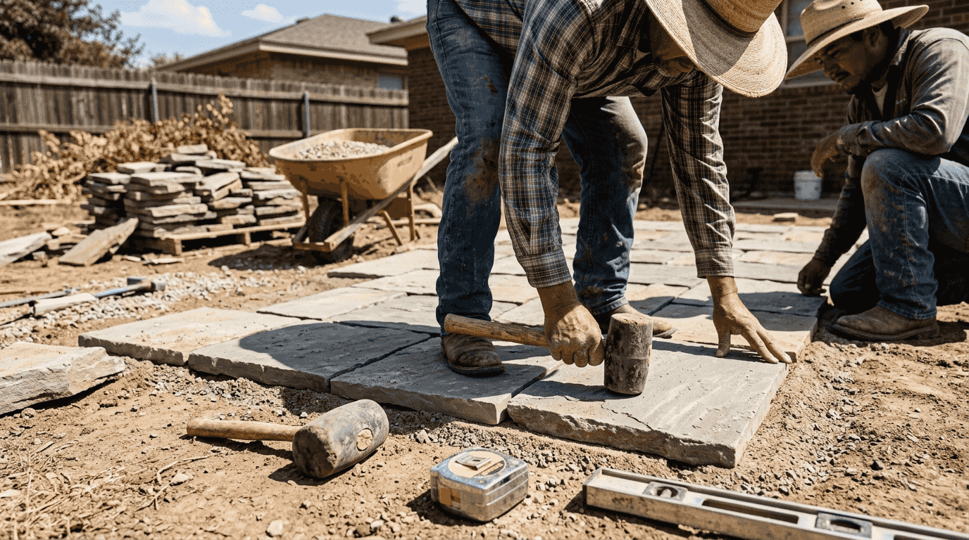 Workers installing backyard patio stones