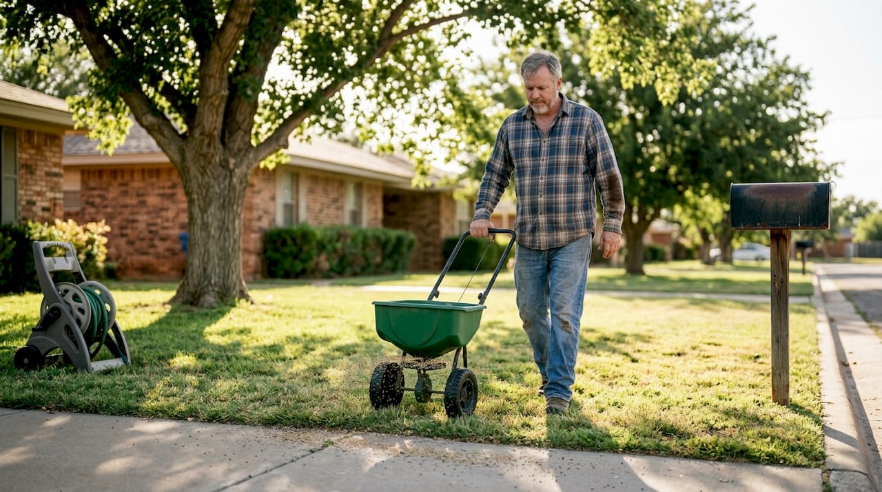 Man spreading fertilizer on imperfect lawn