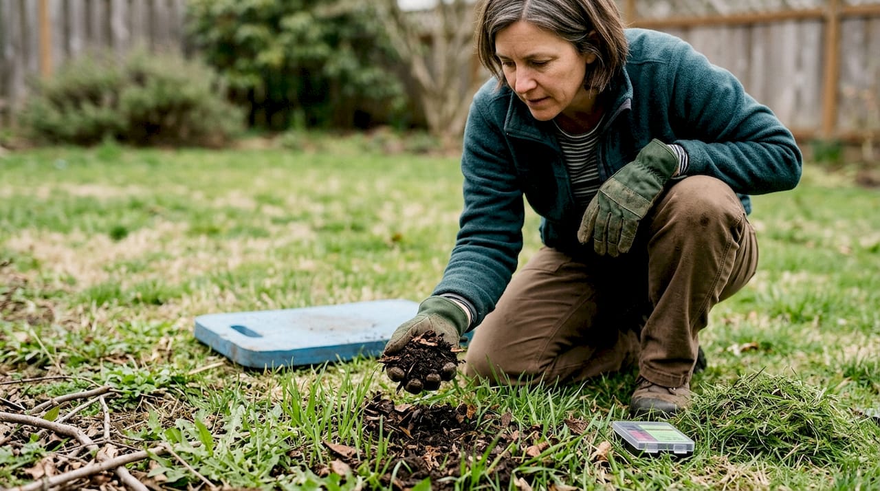 Woman inspecting healthy soil by Lubbock grass
