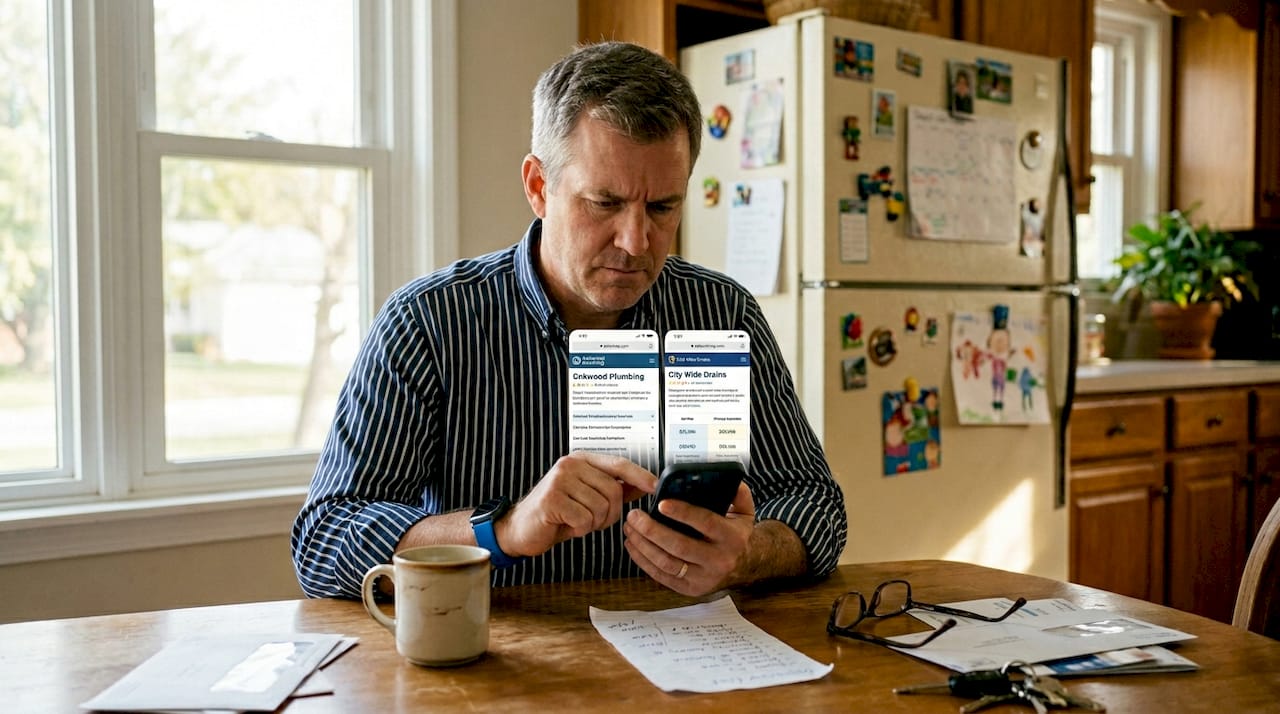 Man comparing business websites at kitchen table