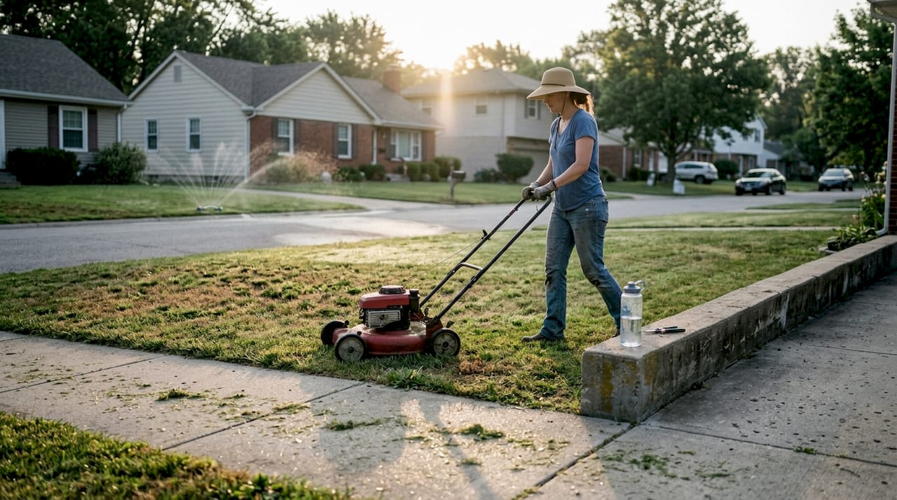 Woman mowing front yard in morning