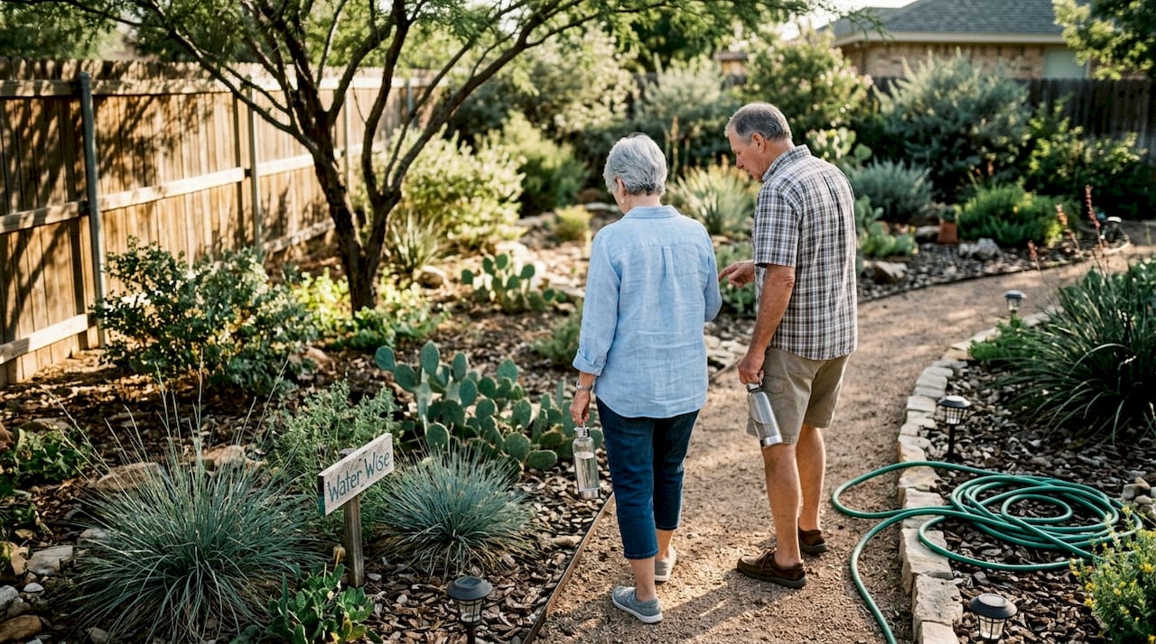 Couple tending xeriscaped Texas backyard