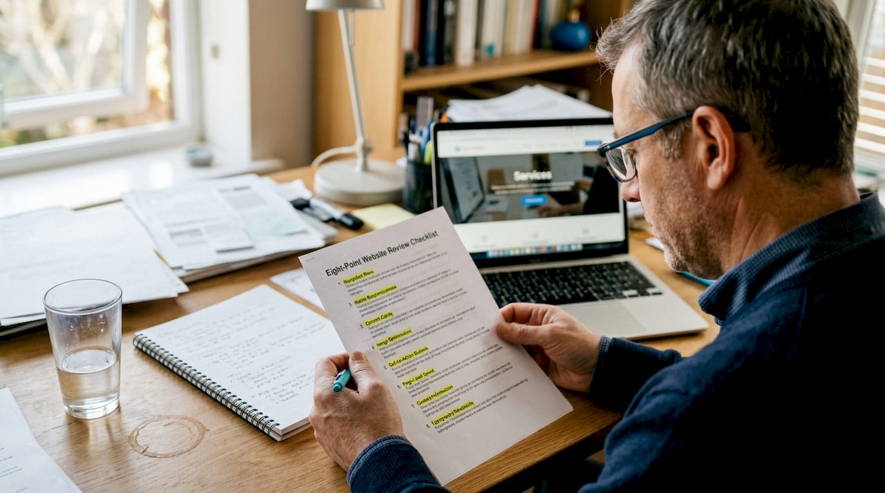 Man checking website features list at desk