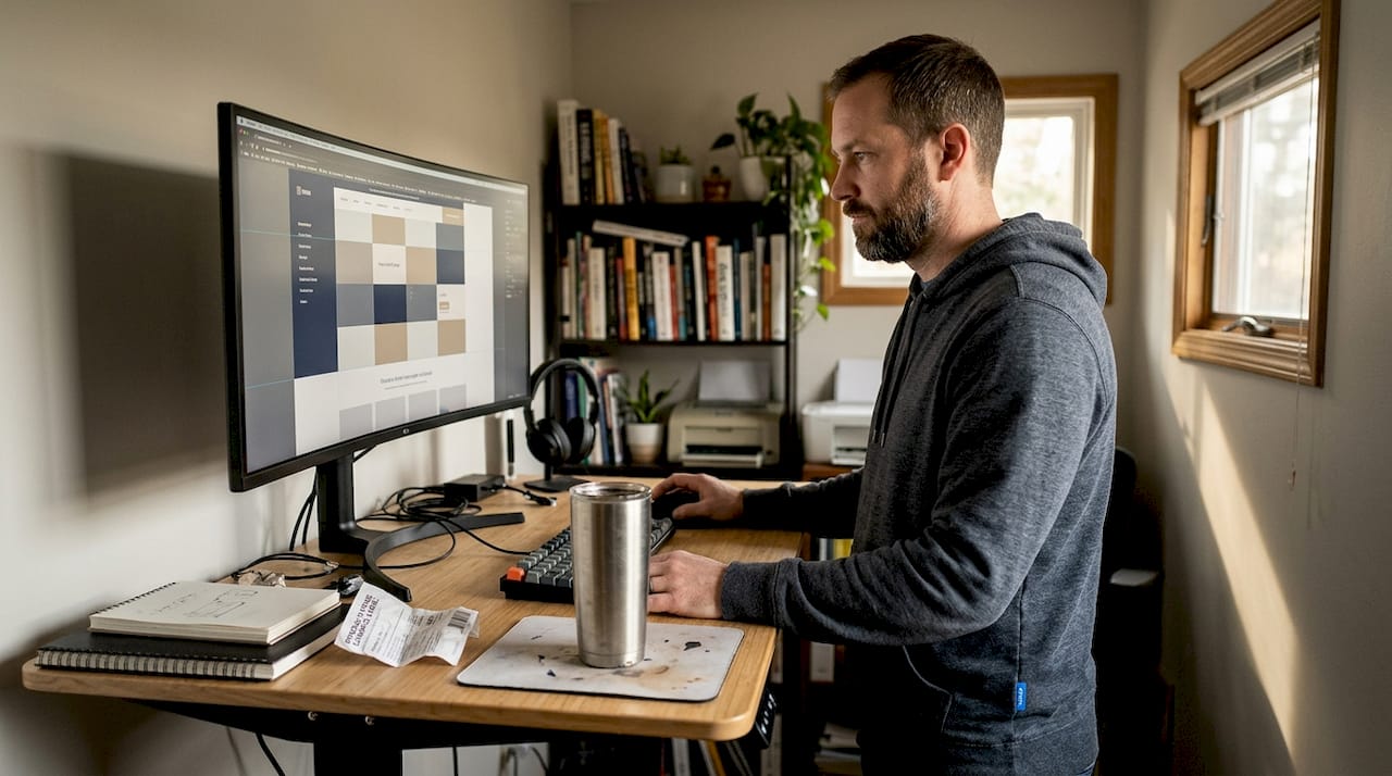 Web designer reviewing grid layout homepage