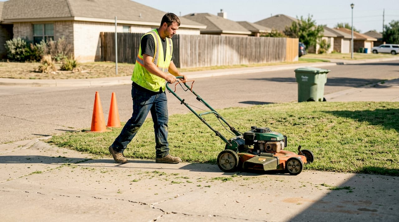 Worker mowing and edging for safe pathways