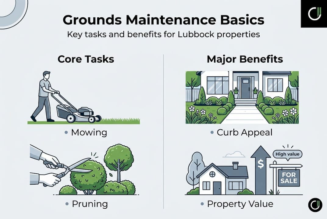 Infographic summarizing grounds maintenance tasks and benefits