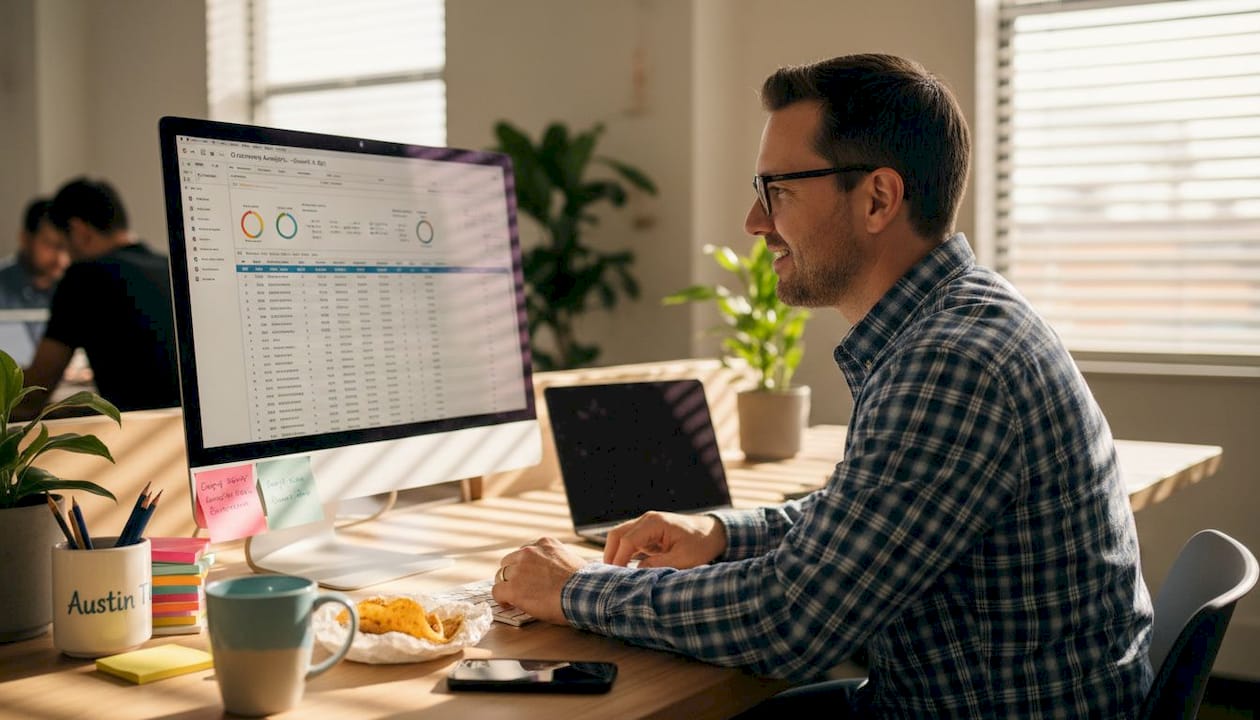 Businessman checking marketing ROI spreadsheet workspace