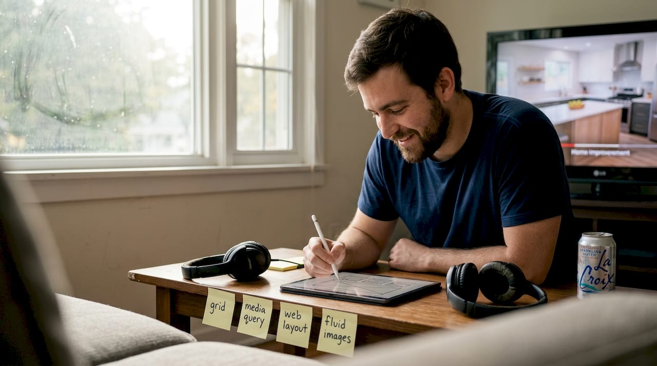 Web designer sketching layouts at coffee table