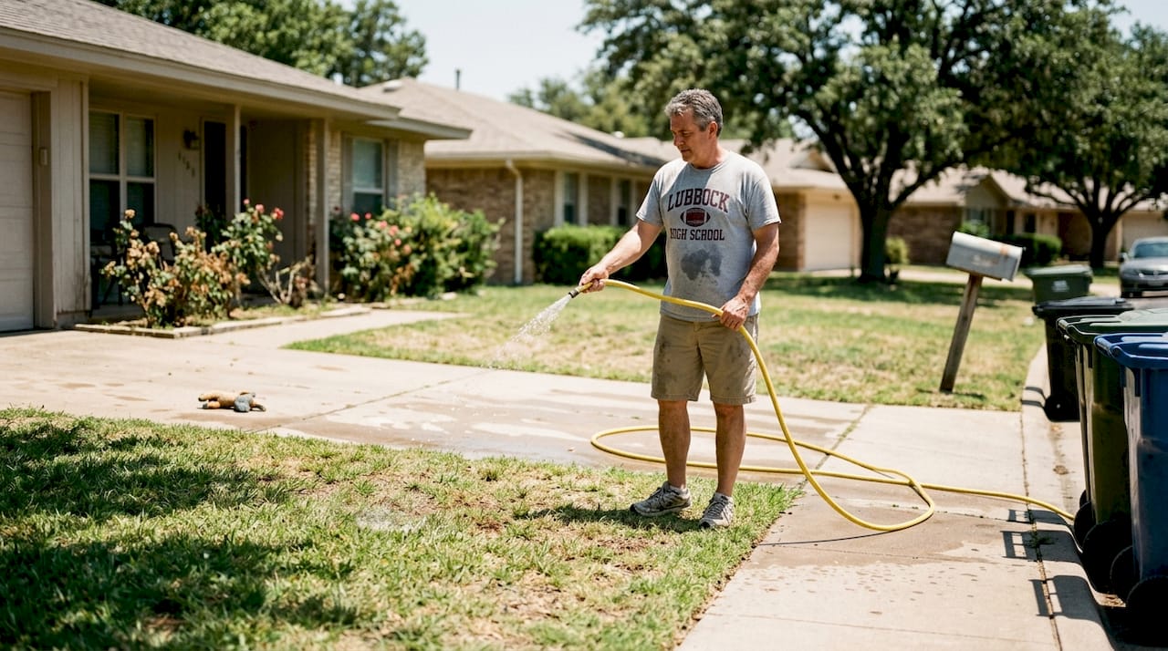 Homeowner waters grass during summer heat