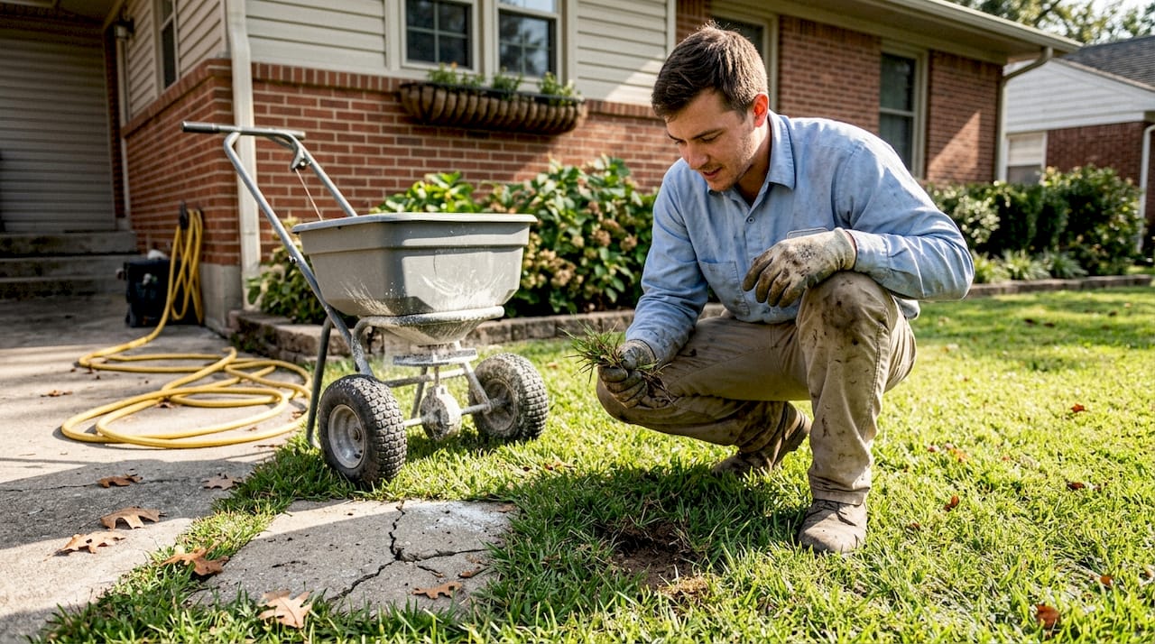 Technician checking Bermuda grass for fertilization