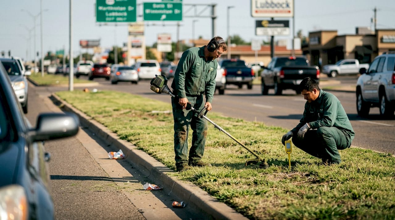Groundskeepers working on city landscape median