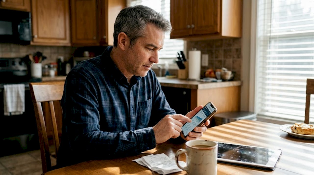 Entrepreneur checks mobile site at kitchen table