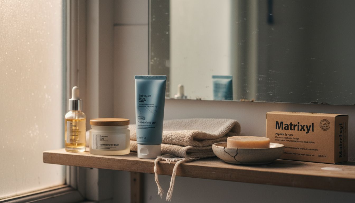 Peptide skincare bottles and items on shelf