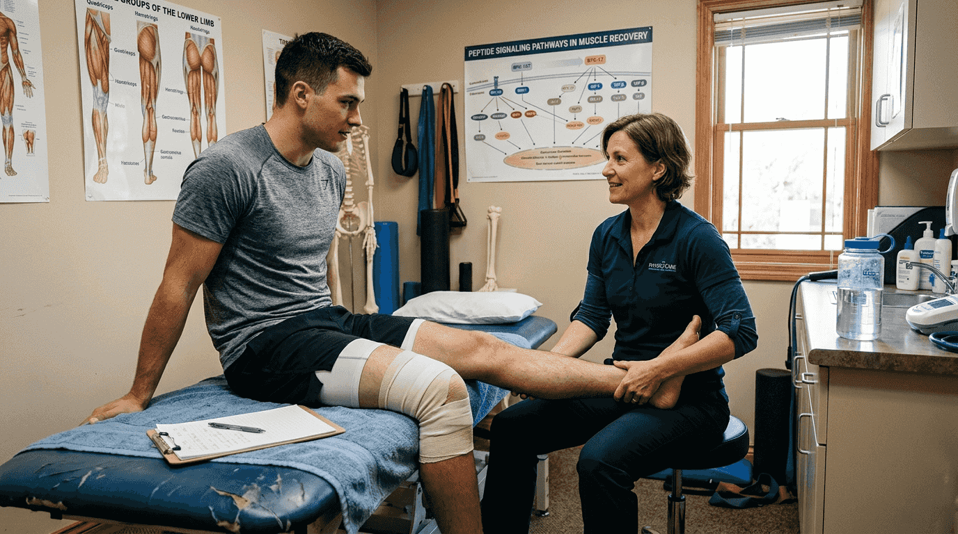 Physiotherapist assisting athlete’s muscle recovery exercises