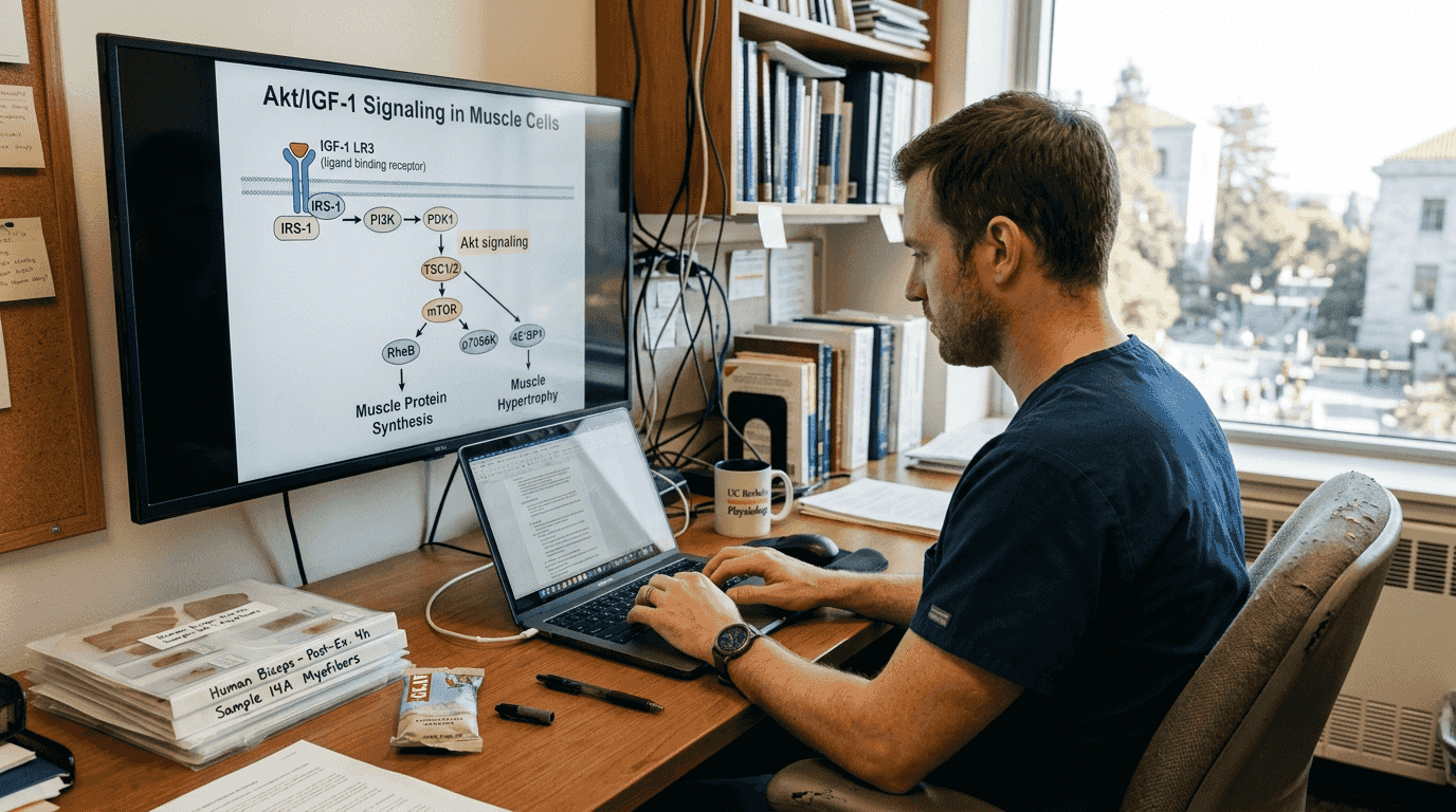 Physiologist reviewing muscle signaling pathway diagram