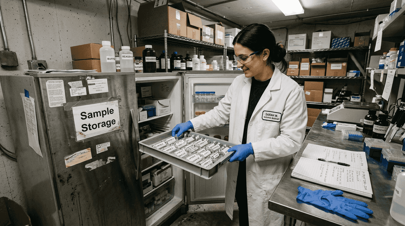 Researcher retrieving lyophilized peptides from fridge
