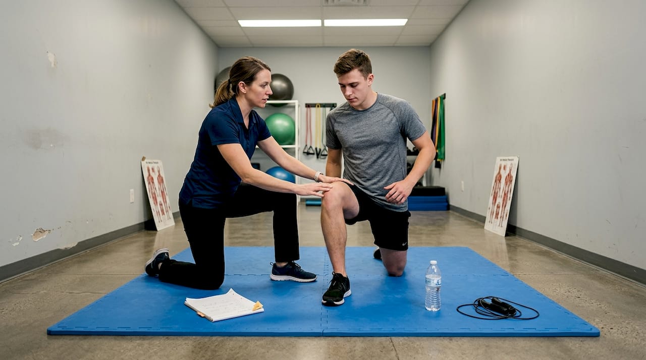 Therapist guides athlete muscle peptide recovery