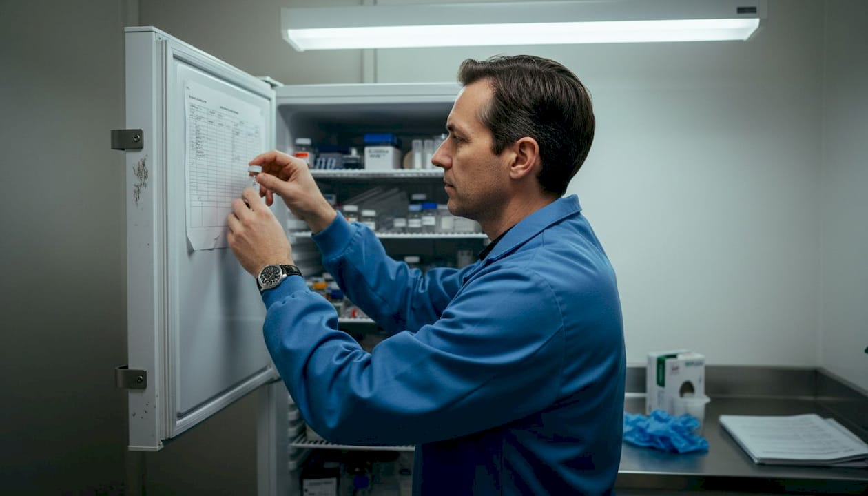 Lab technician retrieving peptides from refrigerator