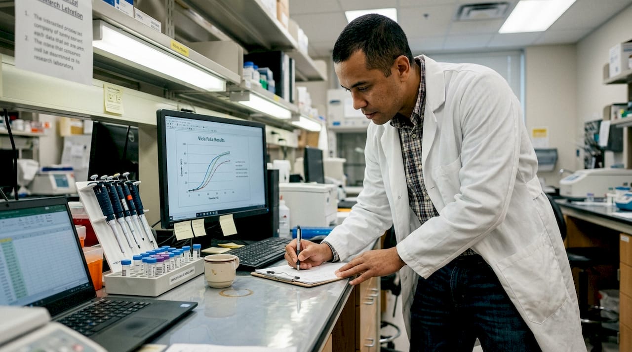 Lab technician recording peptide muscle results
