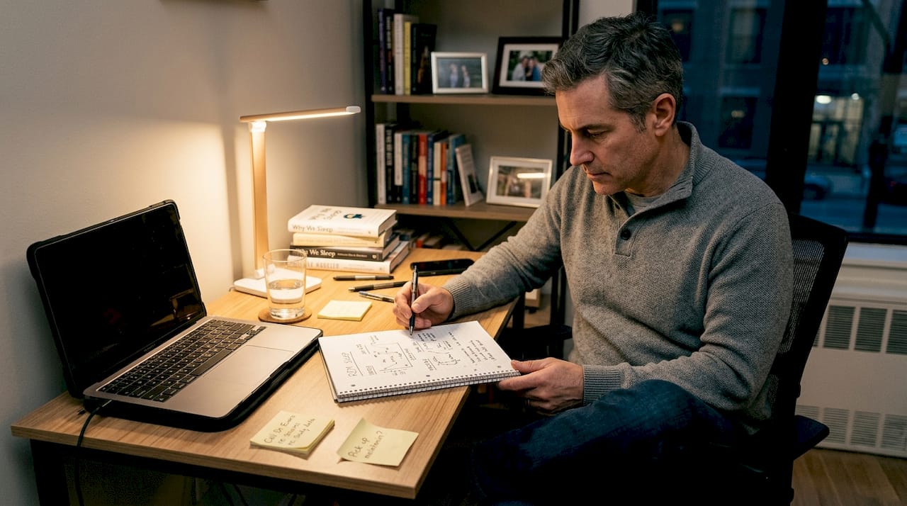Man reading sleep peptide notes at desk