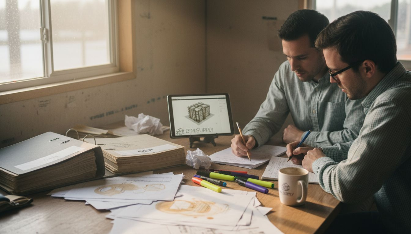Engineers reviewing BIM project documents onsite
