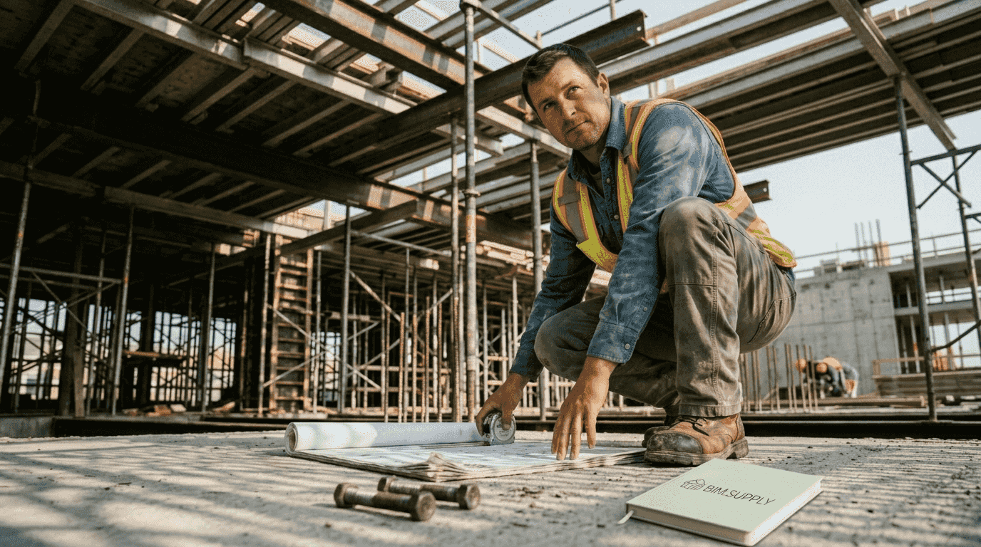 Site manager studying structural detail drawings outdoors
