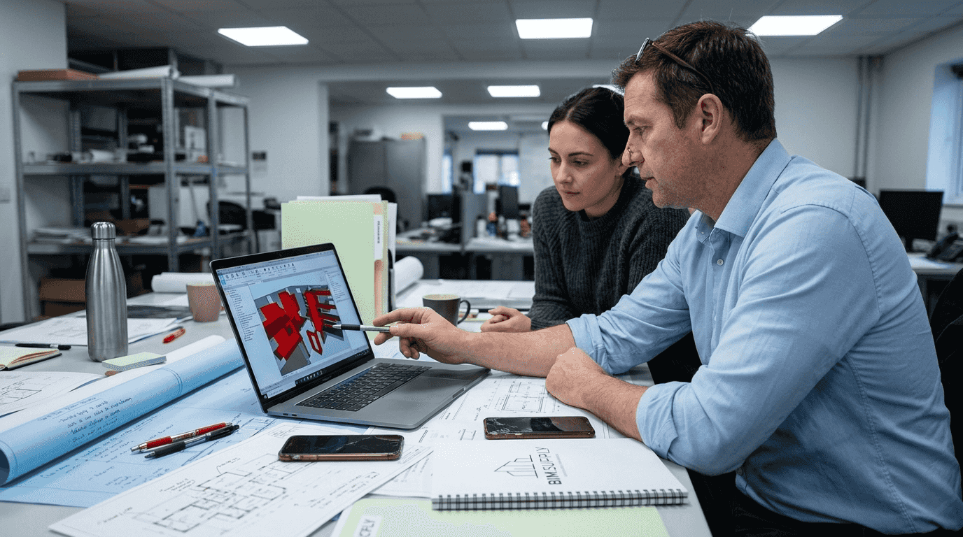 Engineers reviewing clash detection on laptop