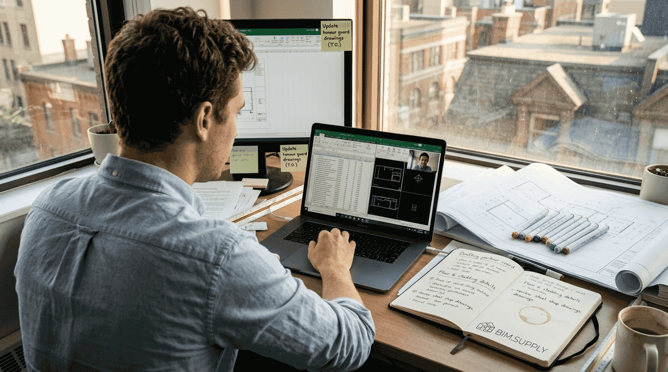 Architect collaborating on drafting via video call
