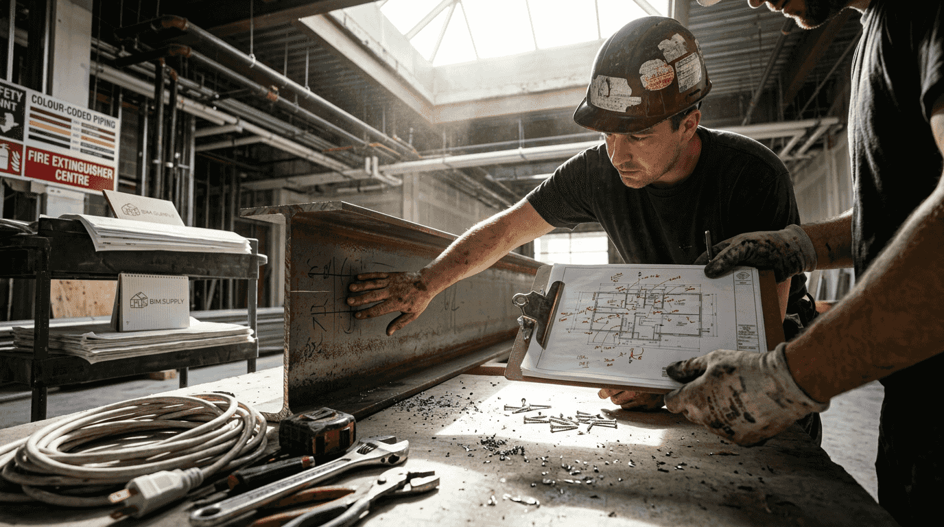 Construction workers checking BIM details on site