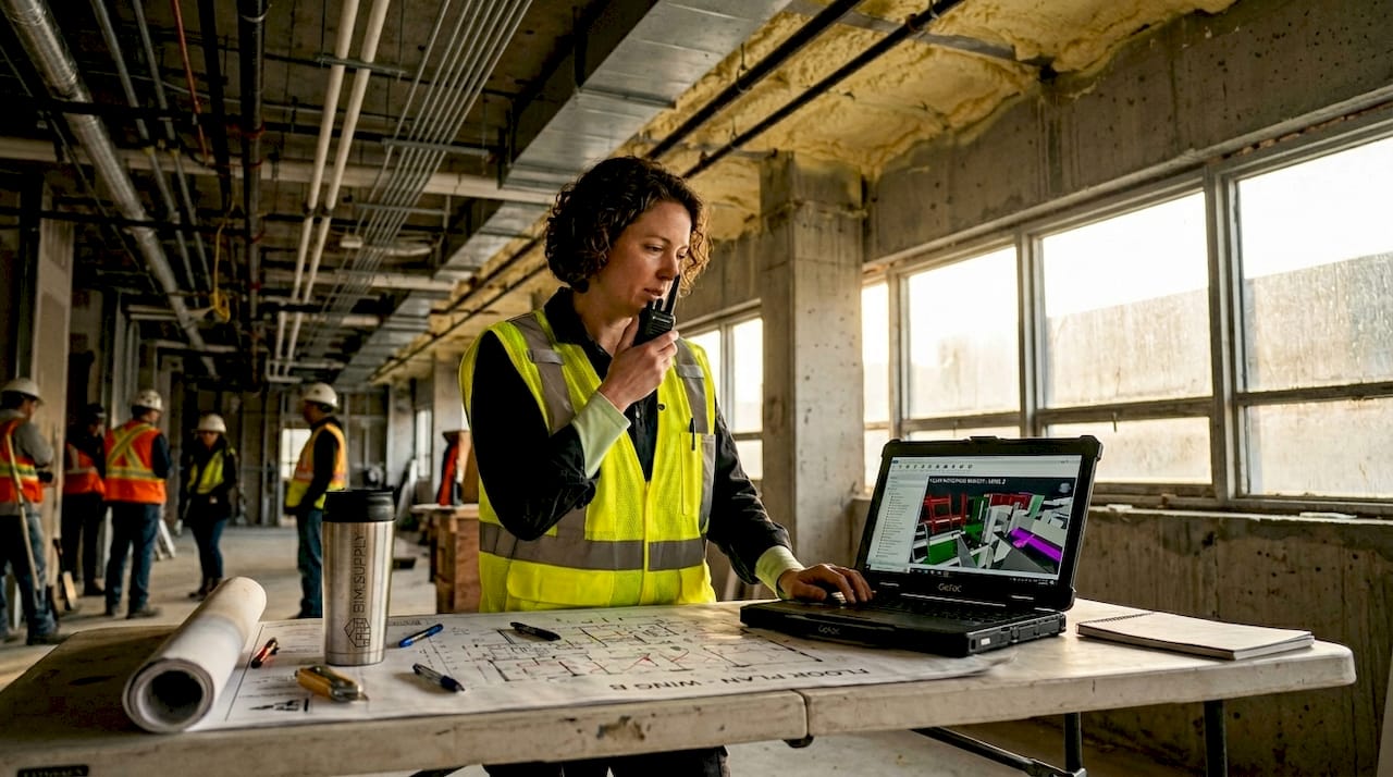 Project manager reviewing BIM on construction site