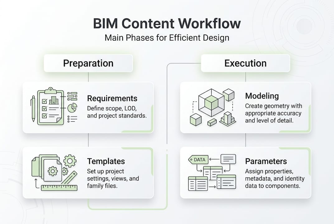 Infographic summarizing BIM content workflow phases
