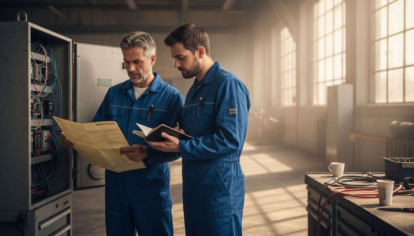 Twee monteurs bespreken iets bij het bedieningspaneel van de machine.
