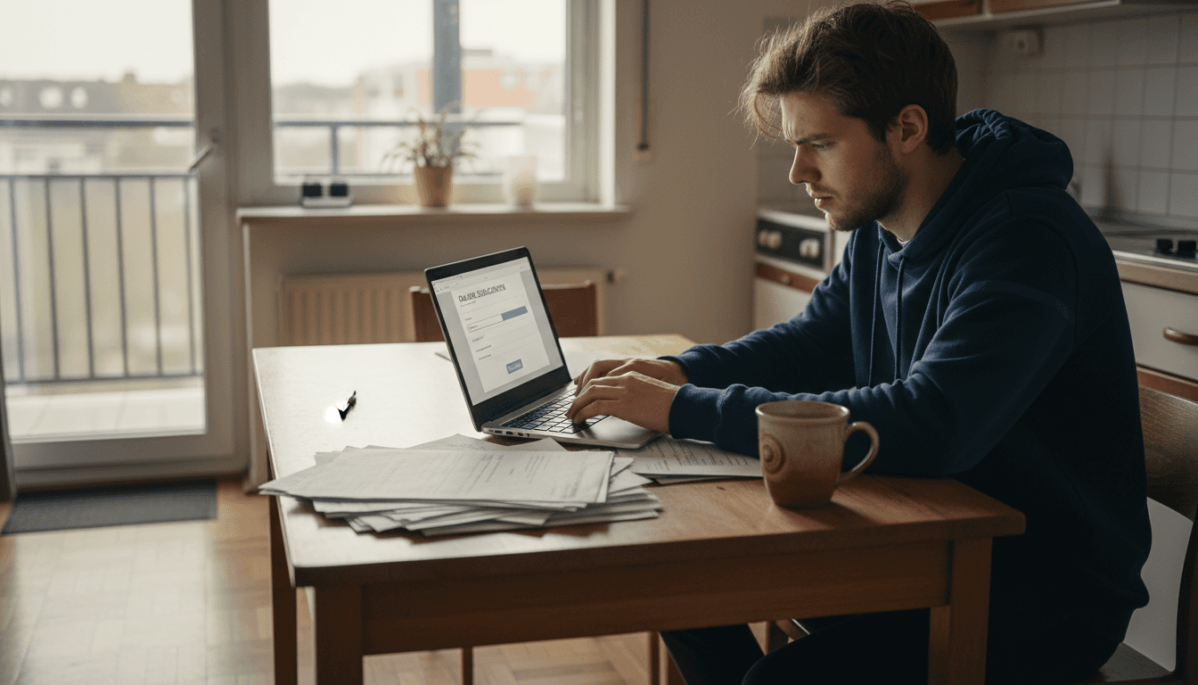 Een jonge man zit aan de keukentafel achter zijn laptop en solliciteert online.