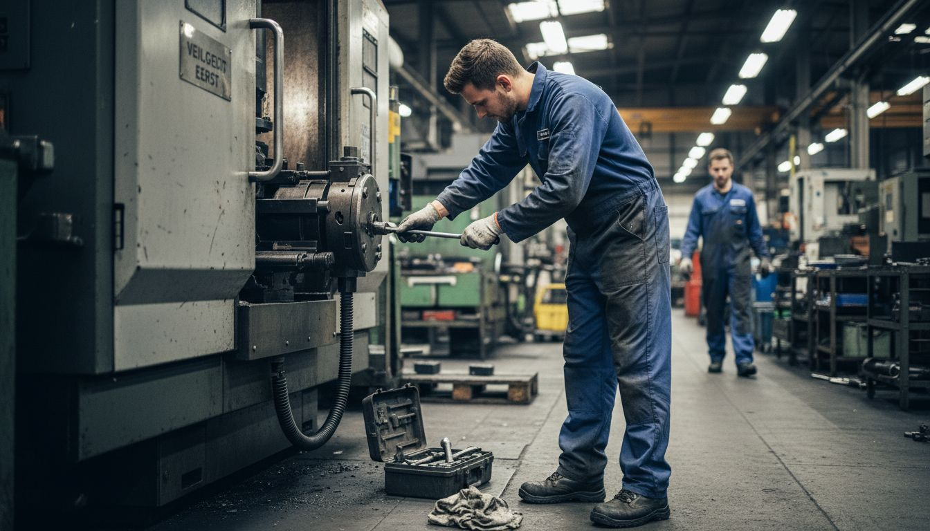 Monteur aan het werk bij een industriële machine in de fabriekshal