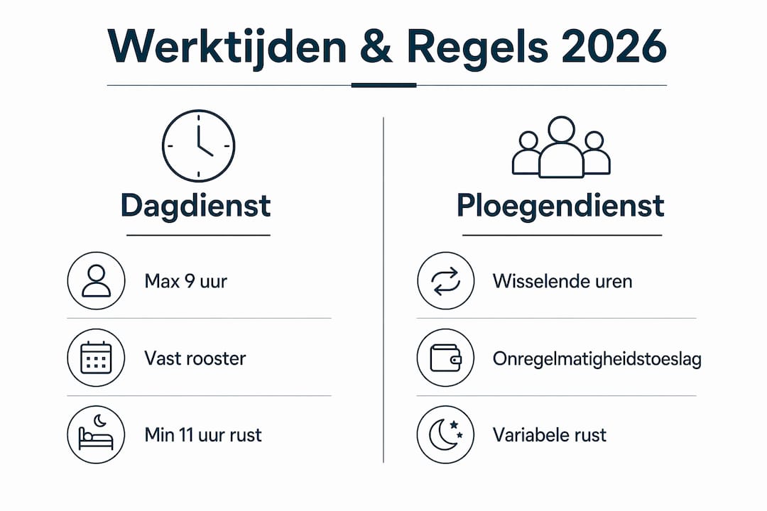 Overzichtelijke infographic waarin de werktijden en regels van verschillende situaties met elkaar worden vergeleken.