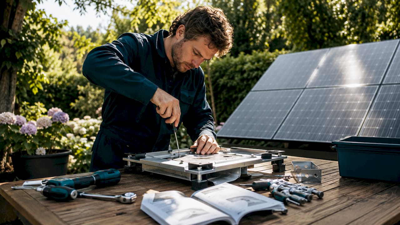 Een monteur is bezig met het installeren van een technisch onderdeel in de werkplaats.