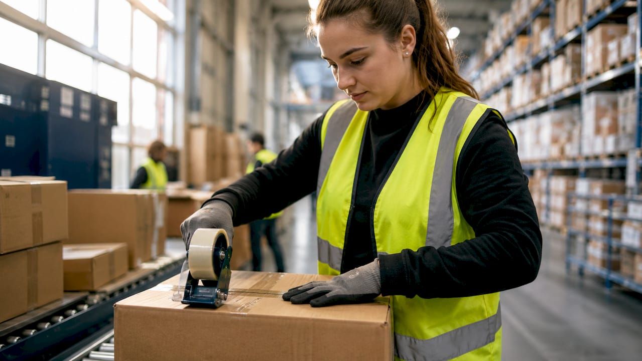 Een logistiek medewerker is bezig dozen dicht te plakken in het magazijn.
