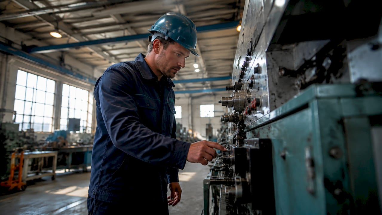 Een medewerker controleert de machines op de werkvloer van de fabriek.