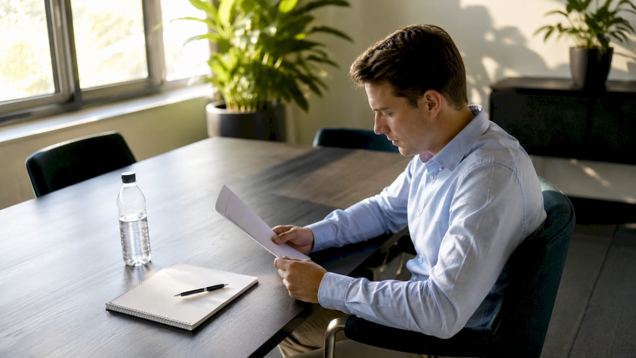 Een jonge MBO-student bekijkt aandachtig zijn arbeidscontract op kantoor.