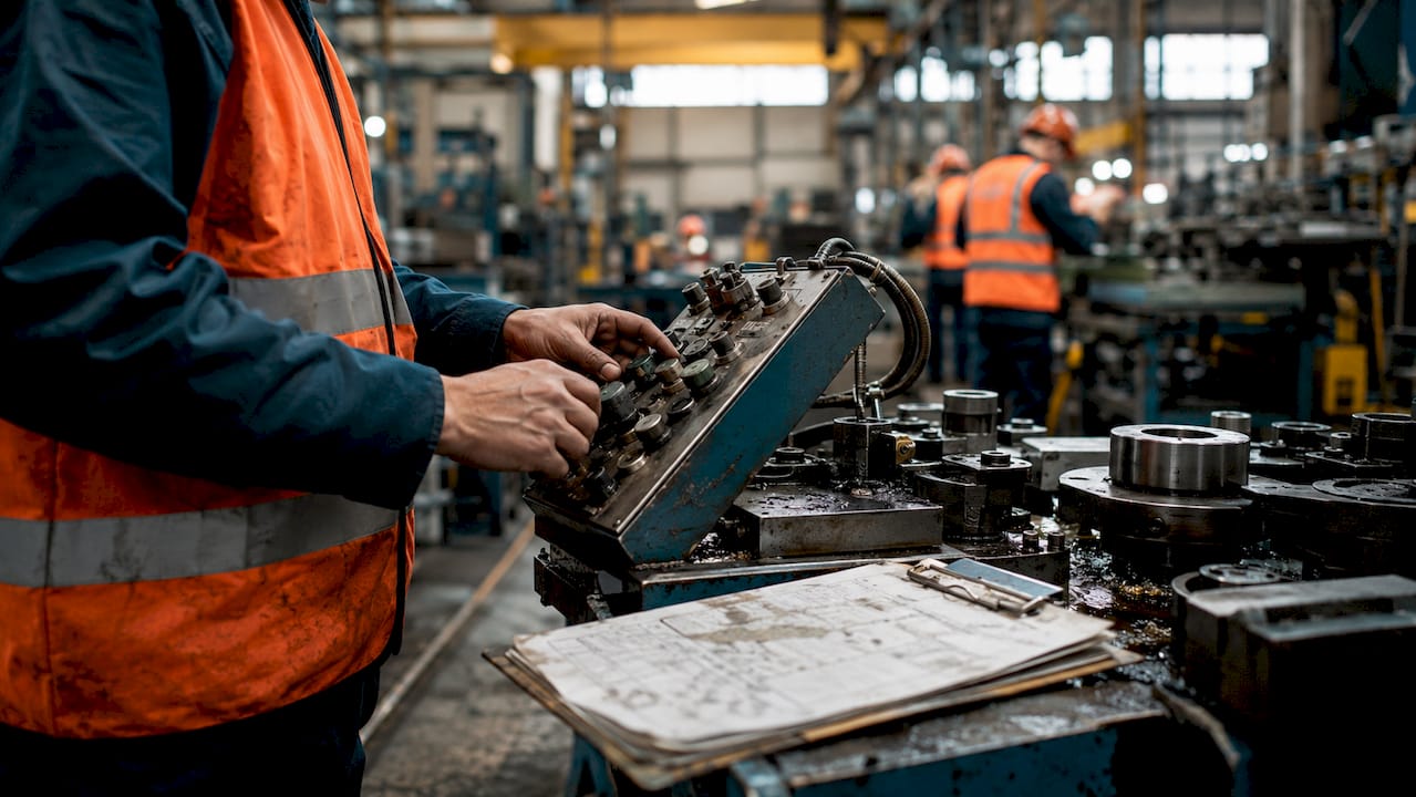 Werknemers bedienen machines op de fabrieksvloer met hun handen.